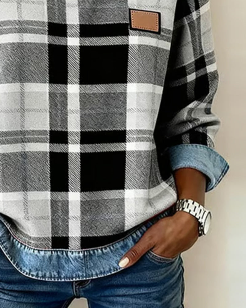 Van Dijkman Mode® | Geruite Trui met Denim Details