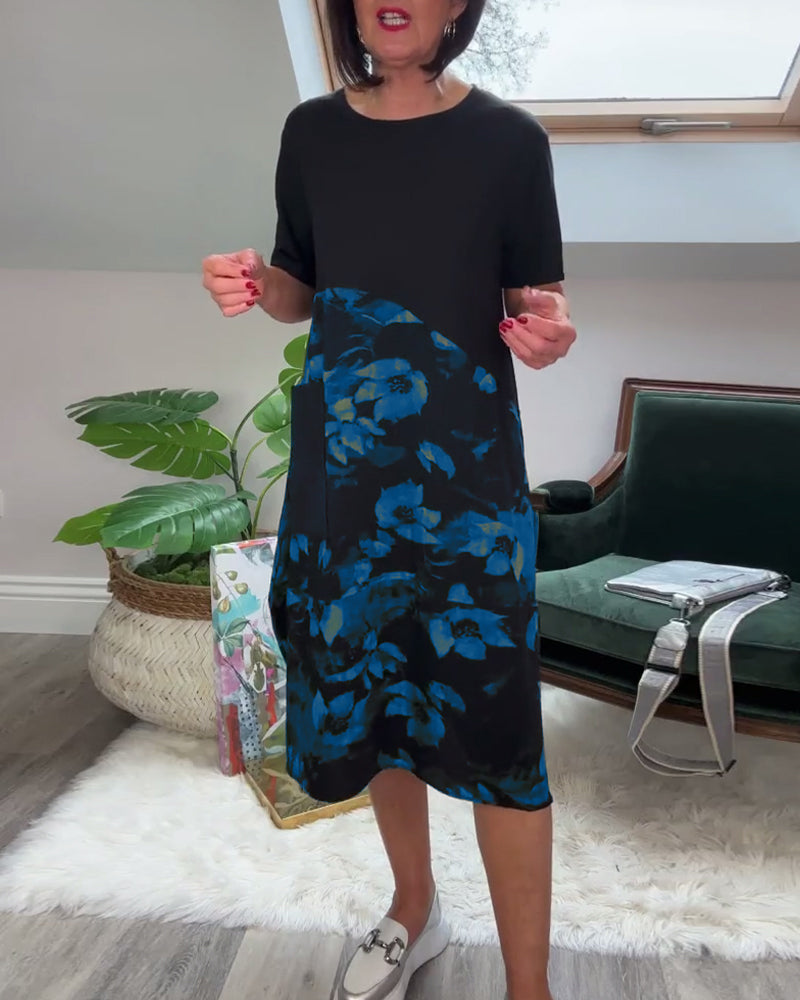 Van Dijkman Mode® | Patchworkjurk met Ronde Halslijn en Bloemenprint