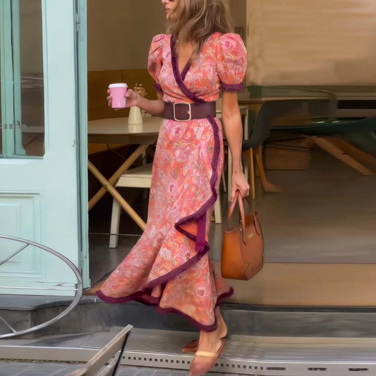 Van Dijkman Mode | Elegante Roze Maxi Jurk met Korte Mouwen