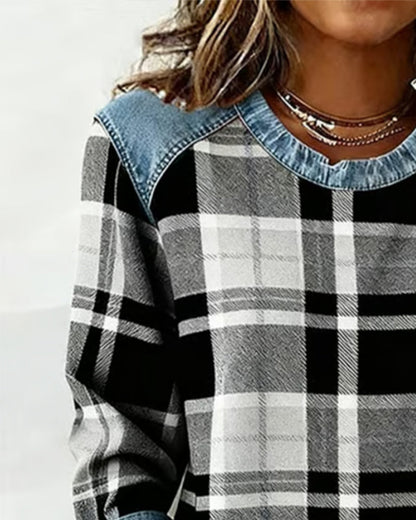 Van Dijkman Mode® | Geruite Trui met Denim Details