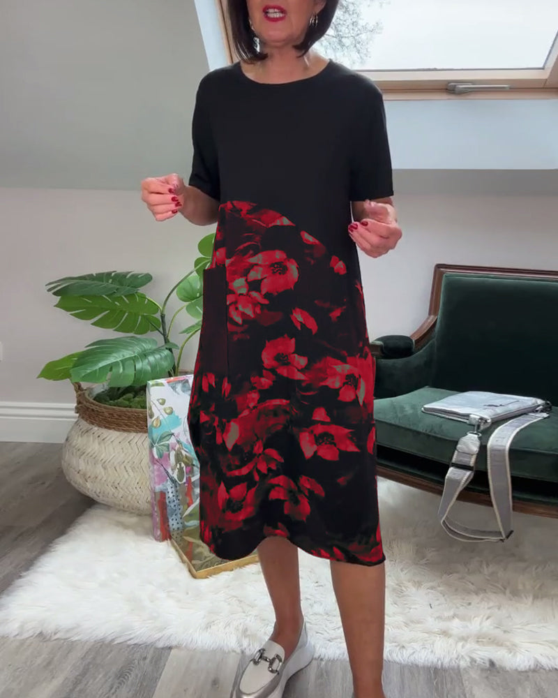 Van Dijkman Mode® | Patchworkjurk met Ronde Halslijn en Bloemenprint