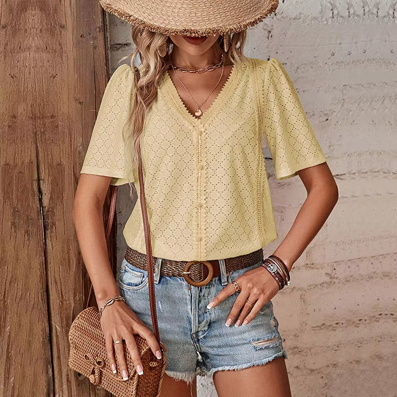 Van Dijkman Mode® | Korte Mouw Blouse met V-hals
