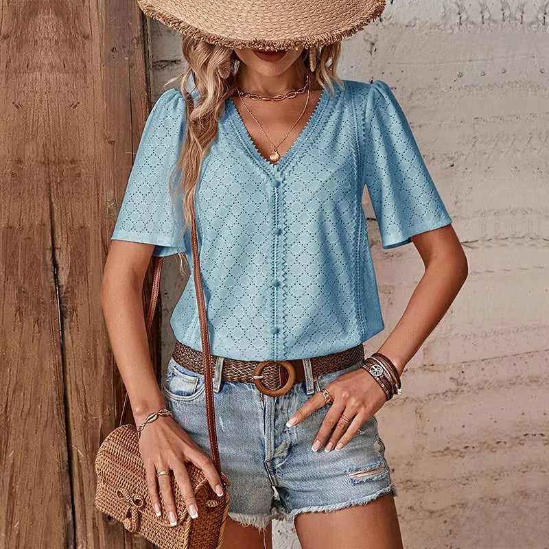 Van Dijkman Mode® | Korte Mouw Blouse met V-hals