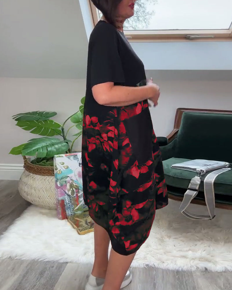 Van Dijkman Mode® | Patchworkjurk met Ronde Halslijn en Bloemenprint