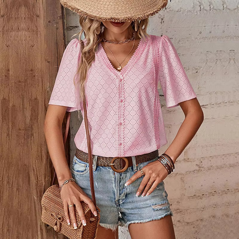 Van Dijkman Mode® | Korte Mouw Blouse met V-hals