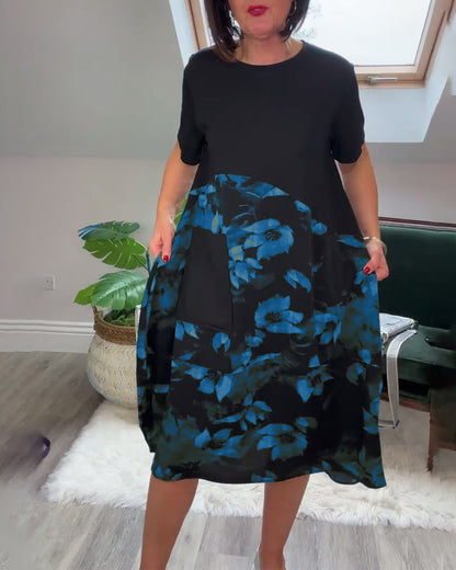 Van Dijkman Mode® | Patchworkjurk met Ronde Halslijn en Bloemenprint