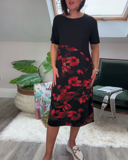 Van Dijkman Mode® | Patchworkjurk met Ronde Halslijn en Bloemenprint