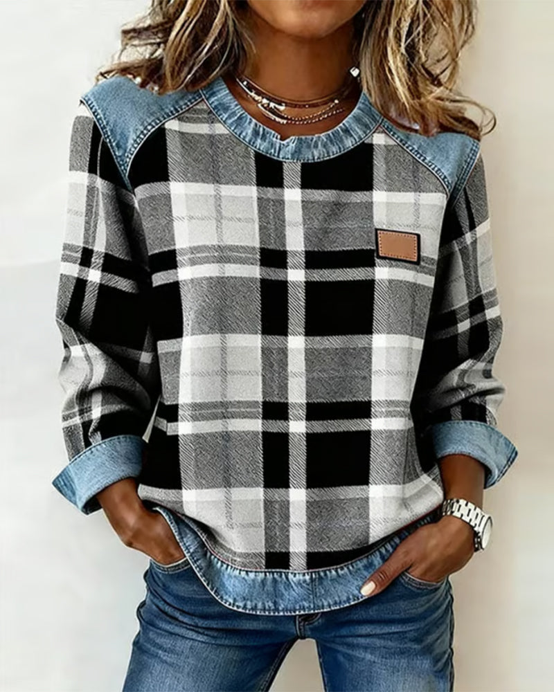 Van Dijkman Mode® | Geruite Trui met Denim Details