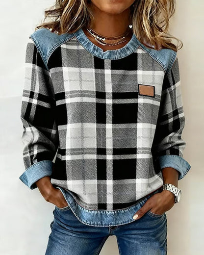 Van Dijkman Mode® | Geruite Trui met Denim Details