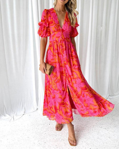 Linden Mode | Elegante V-hals Maxi Jurk met Pofmouwen