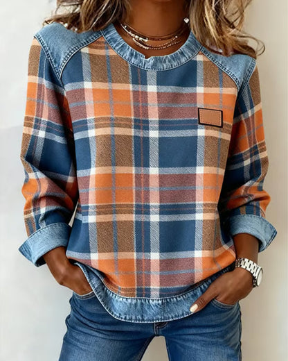 Van Dijkman Mode® | Geruite Trui met Denim Details