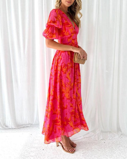 Linden Mode | Elegante V-hals Maxi Jurk met Pofmouwen