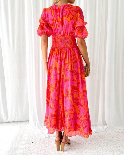 Linden Mode | Elegante V-hals Maxi Jurk met Pofmouwen