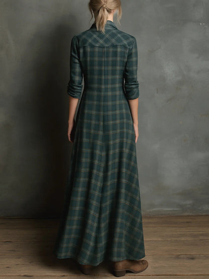 Linden Mode | Lange jurk met groene geruite revers