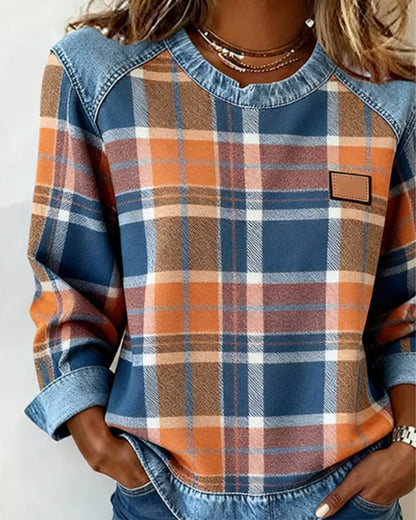Van Dijkman Mode® | Geruite Trui met Denim Details