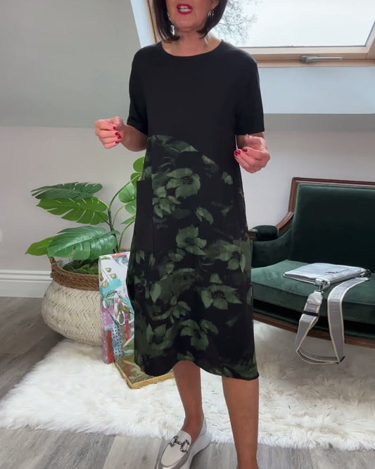Van Dijkman Mode® | Patchworkjurk met Ronde Halslijn en Bloemenprint
