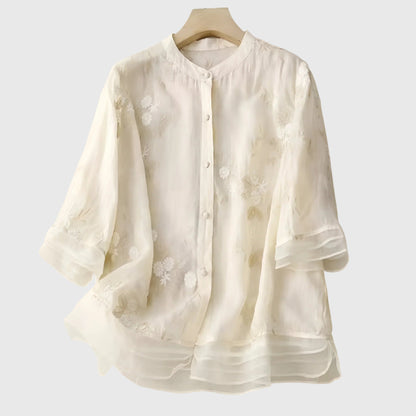 Linden Mode | Nellie Elegante Top met Geborduurde Bloemen