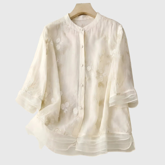 Linden Mode | Nellie Elegante Top met Geborduurde Bloemen