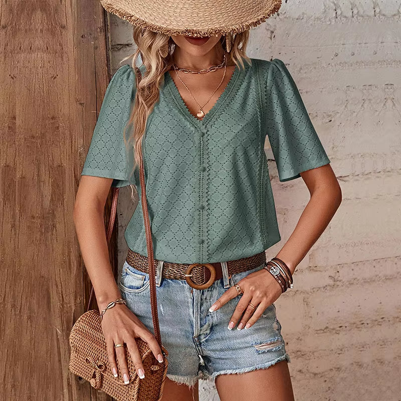 Van Dijkman Mode® | Korte Mouw Blouse met V-hals
