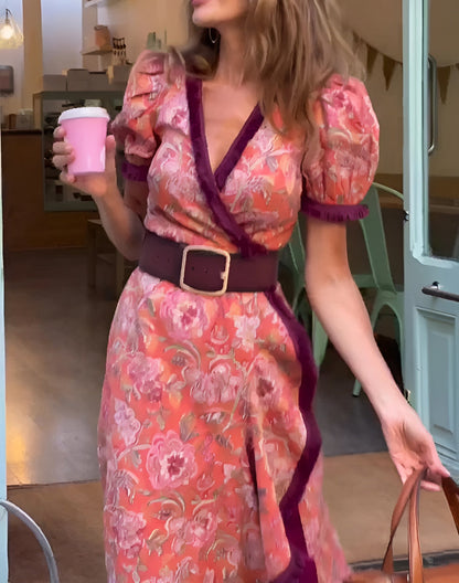 Van Dijkman Mode® | Elegante Roze Maxi Jurk met Korte Mouwen